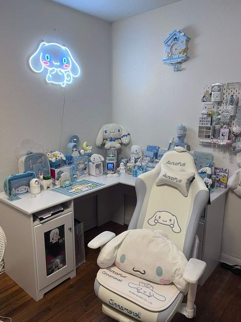 Blue Gaming Room, Cinnamoroll Room, Blue Room Decor, Cute Cinnamoroll, Themed Kids Room, Kawaii Bedroom, Dream Bedroom Inspiration, Blue Desk, Room White