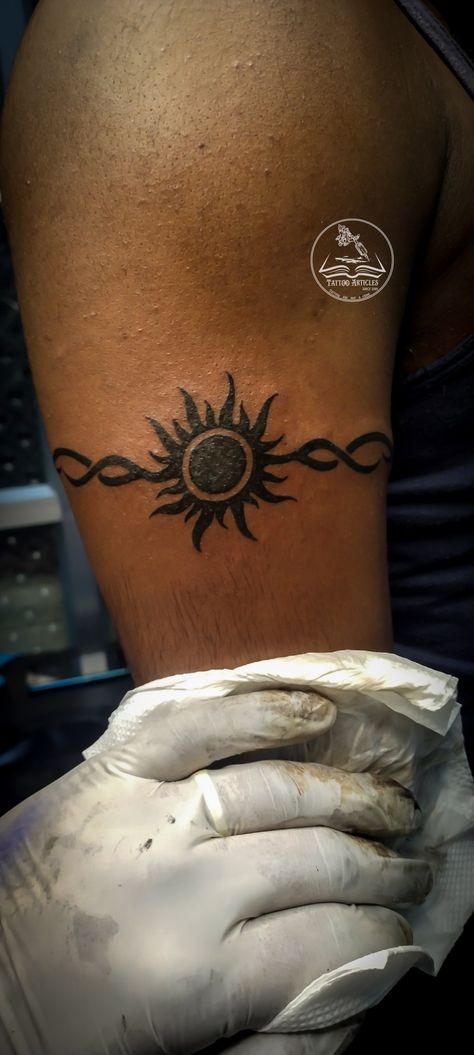 Sun with tribal band Tattoo Sun Band Tattoo, Wrap Around Tattoo, Sunset Tattoos, Birthday Tattoo, Tasteful Tattoos, Sun Tattoos, Arm Band Tattoo, Jewelry Tattoo, Sun Tattoo