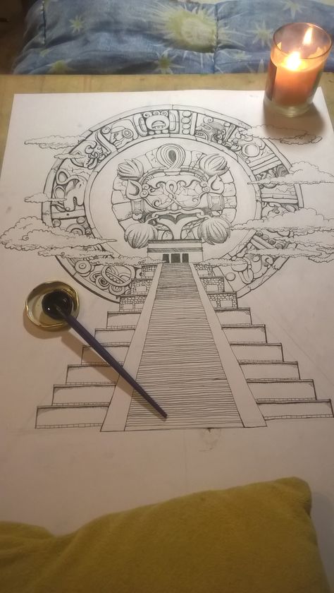 Mayan Aztec Tattoo, Aztec Back Tattoo Women, Aztec Pyramid Tattoo Design, Aztec Temple Tattoo, Aztec Tattoo For Women, Aztec Drawing Sketches, Aztec Tattoo Designs For Women Beautiful, Mayan Calendar Tattoo, Mayan Art Tattoo