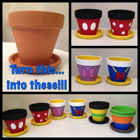 Flowerpot Tutorial - easily paint plain old boring flower pots to look like your favorite Disney characters! Deco Disney, Disney Garden, Diy Paint Projects, Disney Classroom, Mickey Mouse Birthday Party, Disney Home Decor, Mickey Party, Mickey Birthday, Mickey Y Minnie