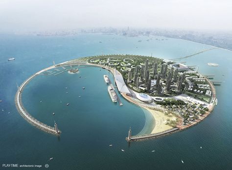 Project by OAB Architecture Cool, Floating Architecture, Artificial Island, Future Buildings, City Layout, Floating City, 3d Architectural Visualization, Architectural Visualization, South China Sea