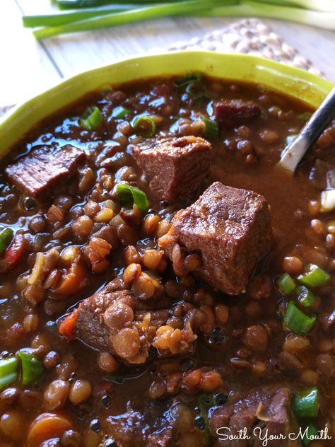 Beef & Lentil Stew | A hearty beef stew made with london broil, sirloin or chuck, a rich beef stock and tender lentils. Beef Lentil Stew, Hearty Beef Stew, Beef Soup Recipes, London Broil, Vegetable Beef Soup, Bean Soup Recipes, Lentil Stew, Lentil Salad, Beef Stew Recipe