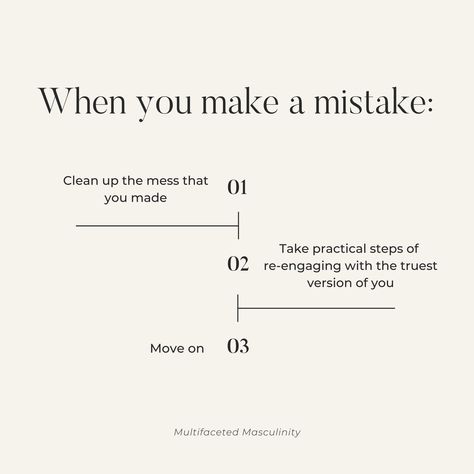 We all make mistakes, the question is, how do you respond when it happens? . It's always uncomfortable to own your mistakes, but doing so helps you maintain an internal integrity which keeps you connected to your highest self. . "Sweeping it under the rug" may feel good in the moment but inevitably creates a bigger mess that drains you emotionally. . Be willing to own your mistakes... . Then be willing to grow from them and move on. Moving On From Mistakes, Quotes On Making Mistakes, Moving By Yourself, It’s Okay To Make Mistakes, It’s Ok To Make Mistakes, Deep Emotional Questions, Quotes About Mistakes, Own Your Mistakes, Quotes About Making Mistakes