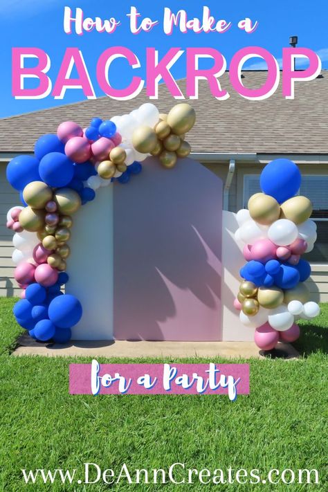 This tutorial will show you how to make a custom backdrop for a birthday party. You will need foam insulation boards, shelf brackets, and finger joint boards to make this DIY backdrop. This backdrop is perfect for a birthday party, graduation party, bridal shower, baby shower, gender reveal, and so much more. #BackdropDIY #DIYBackdrop #DIY Diy Bday Backdrop, Outdoor Party Backdrop Diy, How To Make Backdrop For Party, Diy Panel Backdrop, Backdrops For Parties Diy, Baby Shower Backdrop Diy, Retreat Decorations, How To Make Backdrop, Diy Chiara Backdrop