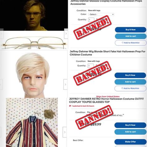 eBay said the Jeffrey Dahmer-inspired Halloween costumes are in violation of the site's violence and violent criminals policy. Evan Peters Jeff Dahmer Funny, Jeff Dahmer High School, Jeffrey Lionel Dahmer, Jeff Dahmer Monster, Dahmer Jeffrey Netflix Poster, Horror Halloween Costumes, Halloween Express, Contemporary African Art, Fake Hair