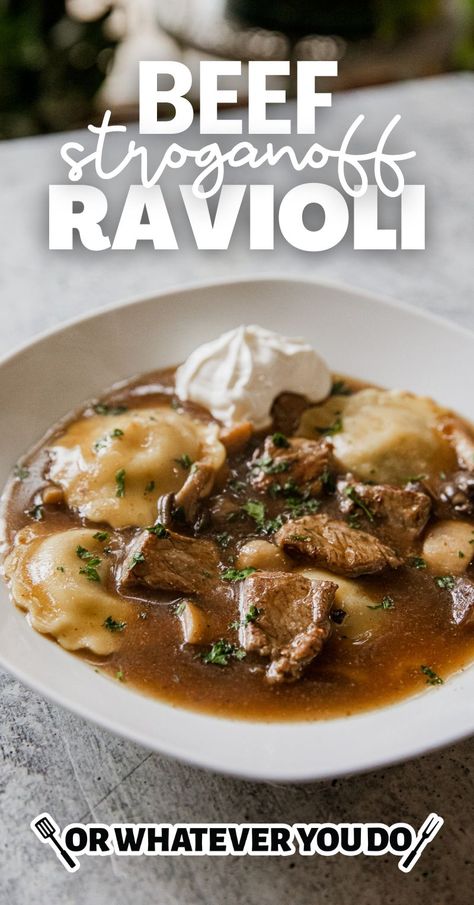 Beef Stroganoff Ravioli Leftover Prime Rib Recipes, Beef Ravioli, Homemade Beef Stroganoff, Beef With Mushroom, Mushroom Ravioli, Outdoor Cooking Recipes, Easy Pasta Salad Recipe, Steak And Mushrooms, Pellet Grill Recipes