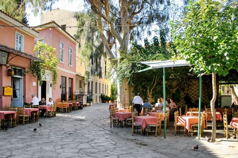 A traditional tavern of Athens in a stone-paved alley in the Plaka neighborhood Plaka Athens, Greece Destinations, Pedestrian Street, Commercial Street, Spa Center, Greece Vacation, Houses Of Parliament, Island Hopping, Service Trip