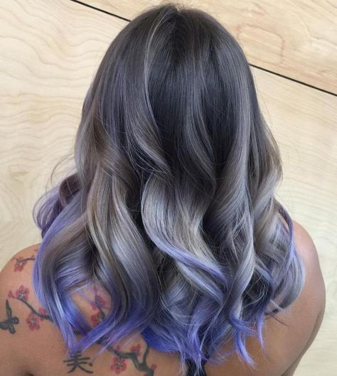 Ash Blonde And Purple Balayage For Dark Brown Hair Blonde And Blue Hair, Grey Balayage, Purple Grey Hair, Balayage Hair Grey, Pastel Blue Hair, Grey Hair Looks, Purple Balayage, Ash Brown Hair, Glamorous Hair