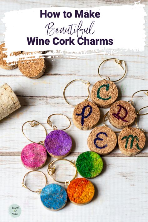 Wine cork slices made into wine charms in different colors and some with letters. Diy Wine Charms How To Make, Wine Glass Markers Diy, Glass Markers Diy, Stemless Wine Glass Charms Diy, Homemade Wine Charms, Wine Charms Diy, How To Make Wine, Wine Glass Markers Simply Charmed Magnetic Wine Charms, Initial Wine Glass Charms