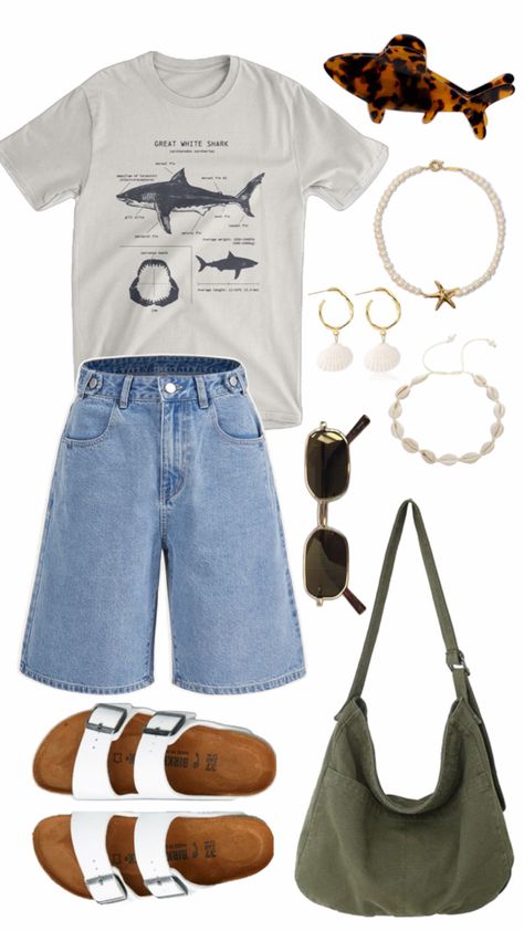 Off white shirt with great white shark information printed on front, jean shorts, white birkenstock sandals, green tote bag, square sunglasses, shell bracelet, shell earrings, pearl necklace with gold starfish pendant, shark shaped claw clip. Outfit Inspo Layout, Zoo Outfit Summer, Camping Fits, Church Camp Outfits, Salty Granola, Camp Outfits, Granola Outfits, Beachy Outfits, Outfit Layout