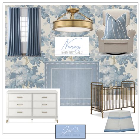 Baby Boy Closet Wallpaper, All Blue Nursery, Light Blue And White Nursery, Blue Willow Nursery, Wallpaper For Boy Nursery, Feminine Blue Nursery, Gold Crib Boy Nursery, Blue And White Nursery Boy, Boy Nursery White Crib