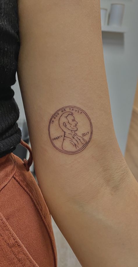 Pennies From Heaven Tattoo, Penny Tattoo Simple, Smashed Penny Tattoo, Lucky Penny Tattoo, Pressed Penny Tattoo, Penny Tattoo Ideas, Needle And Thread Tattoo, Coin Tattoo, Penny Tattoo