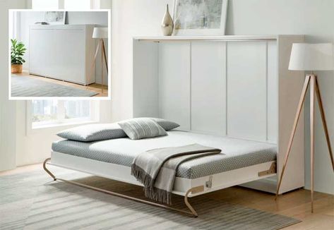 5 IKEA-Style Murphy Beds (+ a DIY Model From IKEA Parts) | GoDownsize.com Cheap Murphy Bed, Horizontal Murphy Bed, Simple Bed Designs, Murphy Bed Ikea, Murphy Bed Desk, Modern Murphy Beds, Murphy Bed Plans, Murphy Bed Diy, Murphy Beds