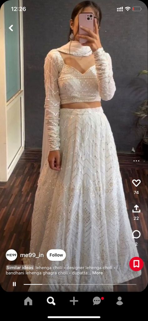 White Chicken Lehenga, Bandhani Lehenga Ghagra Choli, White Blouse Designs, Bandhani Lehenga, Full Sleeve Crop Top, Lehenga Design, White Lehenga, Full Sleeve Blouse, Lehenga Designs Simple