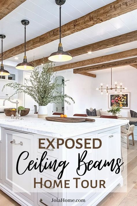 Beam Separating Kitchen And Living Room, Wood Beam Ceiling Kitchen, Wood Beam Ceiling Living Room, Fake Beams Ceiling, Beam In Kitchen, Exposed Ceiling Beams, Rustic Ceiling Beams, Ceiling Beams Living Room, Vaulted Ceiling Beams