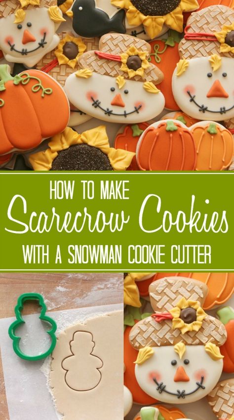 How to make scarecrow cookies with a Wilton snowman cookie cutter via Sweetsugarbelle.com Make Scarecrow, Scarecrow Cookies, Fall Decorated Cookies, Cookies Fall, Snowman Cookie, Snowman Cookies, Thanksgiving Cookies, Thanksgiving Treats, Cookie Tutorials