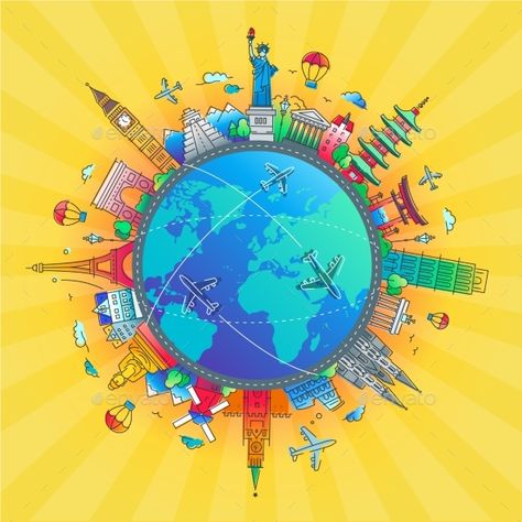 Around the world ¨C vector illustration of flat design travel composition with famous landmarks icons The World Tattoo, Flat World, Country Ideas, World Wallpaper, World Tattoo, Travel Illustration, Travel Design, Travel The World, World Travel