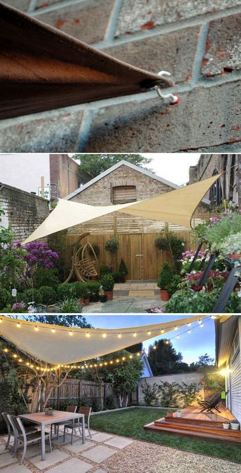 Diy Trampoline, Sail Canopy, Sail Canopies, Backyard Shade, Cup Hooks, Patio Shade, Backyard Makeover, Shade Sail, Beautiful Backyards