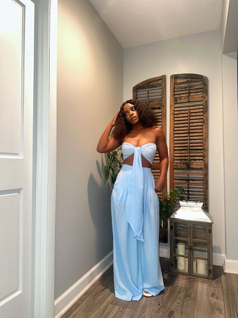 Blue outfit Light Blue 2 Piece Outfit, Blue Dress Birthday Outfit, Light Blue Brunch Outfit, Blue Vacation Outfit, Blue Two Piece Outfit, Light Blue Summer Vacation Sets, Blue One-piece For Spring Beach Party, Blue Beach Outfit, Light Blue Dress Short