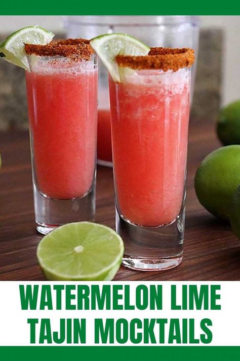 Two glasses of Mini Watermelon Lime Tajin Mocktails with green text. Tajin Seasoning, Tajin Recipes, Mini Watermelon, Slushy Drinks, Cocktail Party Drinks, Mexican Cocktails, Lime Drinks, Watermelon Cocktail, Fun Drinks Alcohol