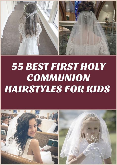 First Holy Communion Hair With Veil, Hairstyles First Communion, Holy Communion Hairstyles With Veil, Easy First Communion Hairstyles, Easy Communion Hairstyles, Hair For First Communion Style, 1st Communion Hairstyles Veils, First Communion Hairstyles Short Hair, Hair Styles For First Communion