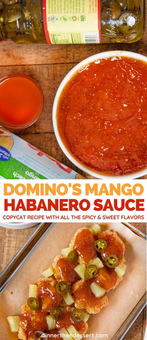 Domino's Mango Habanero Sauce (Copycat) has all the spicy, sweet flavor you love, great for wings, tenders, or as a dipping sauce! #dominos #dominosrecipes #mangohabanerosauce #dippingsauce #habanero #copycatrecipes #dinnerthendessert Habanero Wings Recipe, Mango Habanero Wings Recipe, Mango Habanero Wings, Habanero Sauce Recipe, Habanero Wings, Mango Habanero Sauce, Habanero Sauce, Spicy Chicken Sandwiches, Mango Sauce