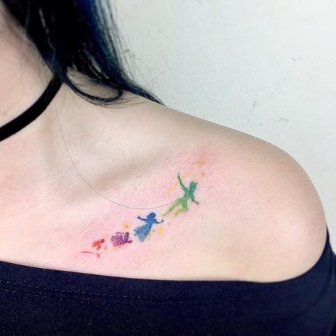 We're a huge fan of the House of Mouse around here — we've bought something from nearly every Disney beauty collaboration, and Disney GIFs totally Small Simple Tattoo Ideas, Simple Tattoo Ideas, Small Watercolor Tattoo, Peter Pan Tattoo, Tattoo Disney, Small Shoulder Tattoos, Watercolor Tattoos, Small Tattoos Simple, Disney Tattoo