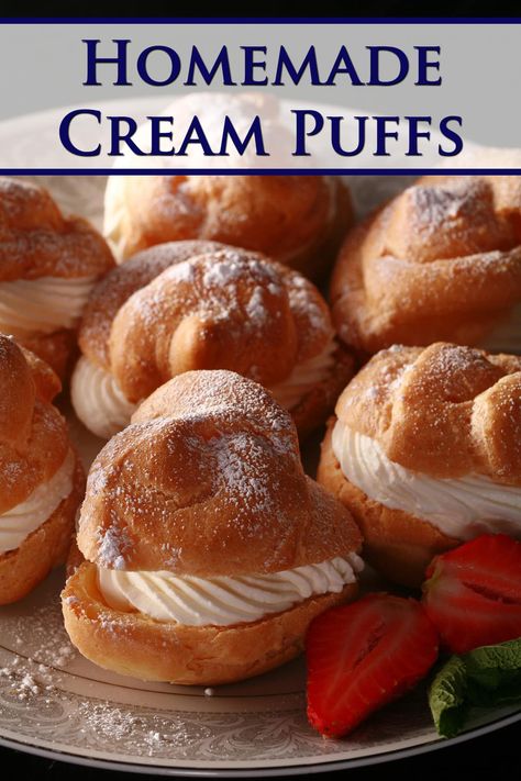 Cream Puffs Fancy Pastry, Cream Puffs Recipe, Homemade Cream Puffs, Classic French Desserts, Cream Puff Recipe, Tea Time Food, Puff Recipe, Kinds Of Desserts, Dessert Cake Recipes