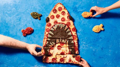 Shark Week Food, Shark Week Recipes, Red Pepper Pizza, Shark Week Ideas, Gorgonzola Pizza, Olive Paste, Shark Party Ideas, Shark Week Party, Shark Themed Birthday