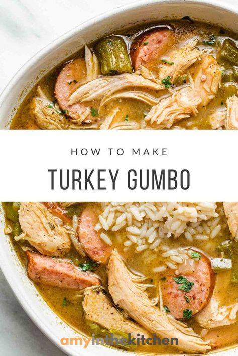 Turkey Gumbo is perfect for leftover turkey meat. You'll love how comforting this warm bowl of turkey, sausage and seasonings is, especially on a cold winters day! #turkeygumbo Turkey Gumbo Recipe Thanksgiving, Dinner Ideas With Turkey Meat, Soups With Turkey Meat, Turkey Soups And Stews, Cooked Turkey Recipes Leftovers, Soup With Turkey Meat, Healthy Leftover Turkey Recipes, Turkey Gumbo Recipe, Turkey Leftover Ideas