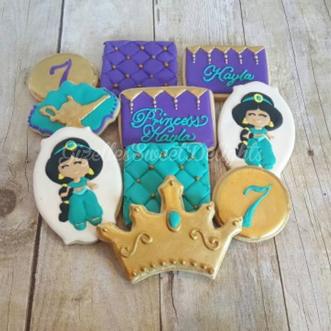 Aladdin Cookies, Jasmine Cookies, Aladdin Theme, Princess Jasmine Birthday Party, Princess Jasmine Birthday, Decorating Icing, Jasmine Birthday, Princess Cookies, Fall Ball