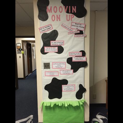 January bulletin board. Campus housing jobs. Cow themed Cow Print Bulletin Board, Cow Door Decs, Cow Bulletin Board Ideas, Farm Bulletin Board, Daycare Rooms Setup, Ra Door Decs, College Bulletin Boards, Daycare Rooms, Ra Themes