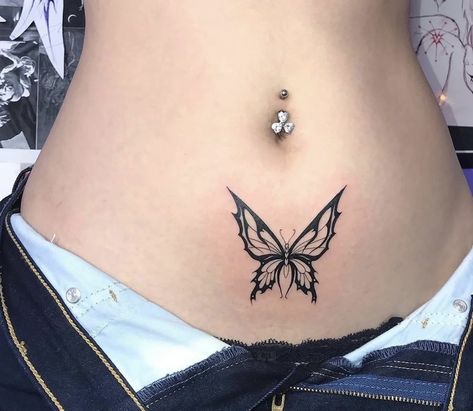 Butterfly Belly Tattoo, Butterfly Stomach Tattoo, Womb Tattoo, Succubus Tattoo, Tattoos Cartoon, Change Tattoo, Stomach Tattoos Women, Minimal Tattoos, Waist Tattoos