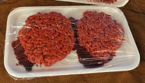 OMG! Red Meat Rice Krispies Treats / Boing Boing Office Potluck, Meat Patties, Big Burgers, Rice Krispies Treats, Krispies Treats, Hamburger Meat, Cheese Platters, Cooling Blanket, Energy Bars