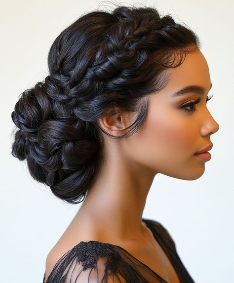 👸 Bridesmaid Braid Updo Glamorous Braids Updo Hairstyle Duchess Braids, Bridesmaid Braid, Black Hair Updo, Round Face Curly Hair, Black Bridesmaids Hairstyles, Gala Hair, Black Brides Hairstyles, Brides Hairstyles, Curly Updos