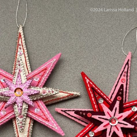 Larissa Holland on Instagram: "I tried a LodeStar ornament in Korean hard felt as an alternative to the metallic felt. While I do like the look of the finished ornament and it does yield nice clean points, alas, I do not recommend using it for this pattern. I absolutely wore out my fingers and my patience trying to embroider through it. It puts up quite a fight! Unless you have strong hands. Maybe I just have wimpy hands? I wanted to post my results here in case you had the same thought about trying it. I'm sure it's aces for machine sewing, just difficult to hand sew. PROS: Not expensive (about $1.25US per sheet), won't shrink or bleed, makes crisp looking stars, easy to cut, the matte finish adds a charming folk look CONS: Colors are pretty limited, difficult to hand embroider and hand s Strong Hands, Strong Hand, Color Guide, Machine Sewing, Pink Champagne, Felt Ornaments, Crafty Things, Tis The Season, Wool Felt