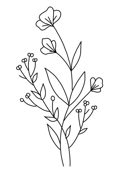 One Line Floral Drawing, Boho Floral Drawing, Line Drawing Flowers Simple, Simple Flower Line Drawing, Floral Drawing Simple, Flower Outline Drawing Simple, Floral Line Art Tattoo, Easy Floral Drawing, Flower Line Drawing Simple