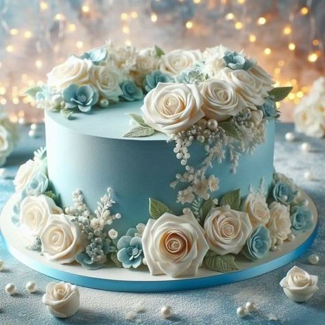 Blue Floral Cake, Light Blue Cake, Cake With White Roses, Blueberry Swirl Cheesecake, Pie Images, Rose Gold Wedding Cakes, 90th Birthday Cakes, Swirl Cheesecake, Blue Frosting