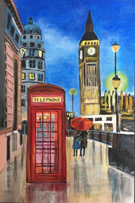 London Canvas Painting, Buildings Canvas Painting, Professional Acrylic Paintings, Cityscape Art Painting, London Painting Easy, London City Drawing, London Painting Acrylic, Acrylic Painting Buildings, City Painting Acrylic Easy