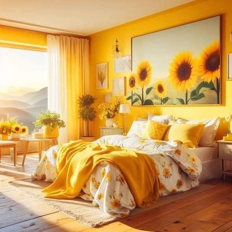 Sunflowers Bedroom Ideas, Sunflower Bedroom Ideas, Yellow Kitchen Cabinets, Sunflower Room, Yellow Decor Living Room, Vibe Rooms, Built In Shelves Living Room, Floral Bedding Sets, Easy Diy Room Decor