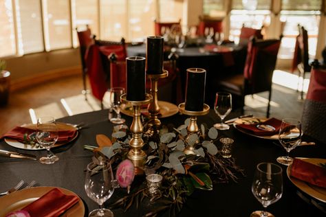 Burgundy, Black, and Champagne Wedding at Sedona Golf Resort | Junebug Weddings Black And Burgundy Wedding Table Settings, Black And Burgundy Wedding Decorations Table Settings, Burgundy Black And Gold Wedding Table Settings, Black And Burgundy Wedding Centerpieces, Black And Burgundy Centerpieces, Black And Wine Wedding, Wine And Black Wedding, Black And Burgundy Wedding Decorations, Wedding Black Tablecloth