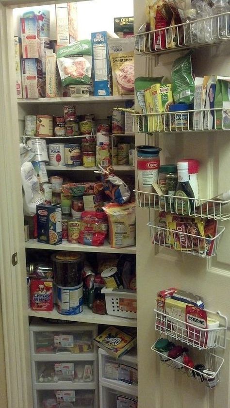 The standard pantries in the house we bought last year were almost unusable. Long deep shelves and only 3-4 of them in a large closet sized area. Thank heavens they had doors. I designed the shelves, my husband cut them out of MDF boards, I painted them with several coats of paint, and he installed them with L shaped aluminum brace. The brace allowed use of the shelf all the way to the back of the space. I counted and measured all the things in my food pantry to make the plan for how m… Pantry Hacks, Pantry Organization Hacks, Pantry Redo, L Shaped Shelves, Pantry Remodel, Pantry Closet, Deep Shelves, Organizing Hacks, Pantry Shelf