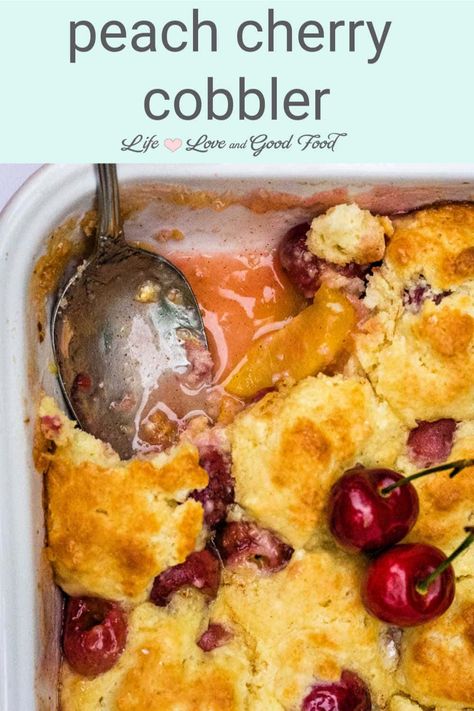 Made with fresh peaches and sweet Bing cherries, Peach Cherry Cobbler with Sweet Biscuit Topping is the perfect homemade Summer dessert. Best served warm with a scoop of vanilla ice cream, this easy made-from-scratch cobbler recipe is baked with a sweet drop biscuit topping on top of slices of fresh peaches and pitted cherries. Cherry And Peach Cobbler, Peach Cherry Cobbler, Peach And Cherry Recipes, Cherry Cobbler Recipe, Peach Dessert, Healthier Treats, Easy Sweets, Bing Cherries, Peach Desserts