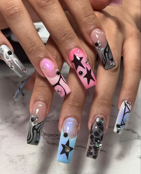 Fishnet Nails, Alien Nails, Alien Superstar, 2023 Nail, Punk Nails, Goth Nails, Really Cute Nails, Long Square Acrylic Nails, Bling Acrylic Nails