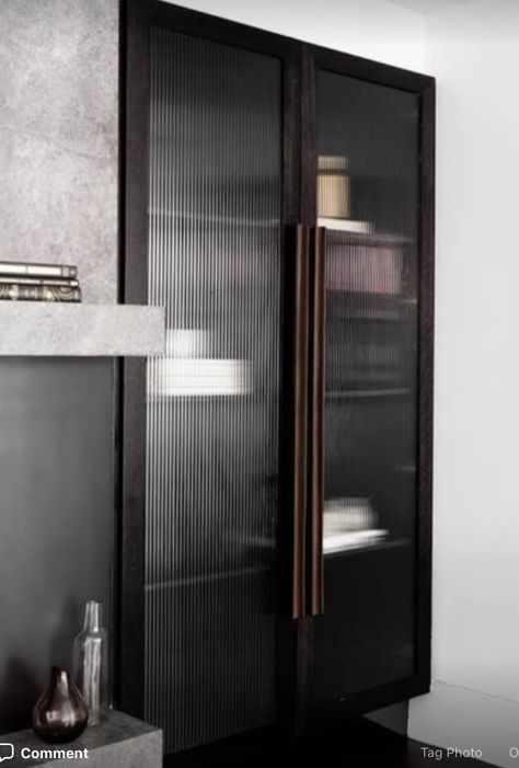 Black Glass Wardrobe, Fluted Kitchen, Kitchen Glass Door, Glass Wardrobe, Dining Booth, Kitchen Glass, Glass Interior, Fluted Glass, Interior Aesthetic