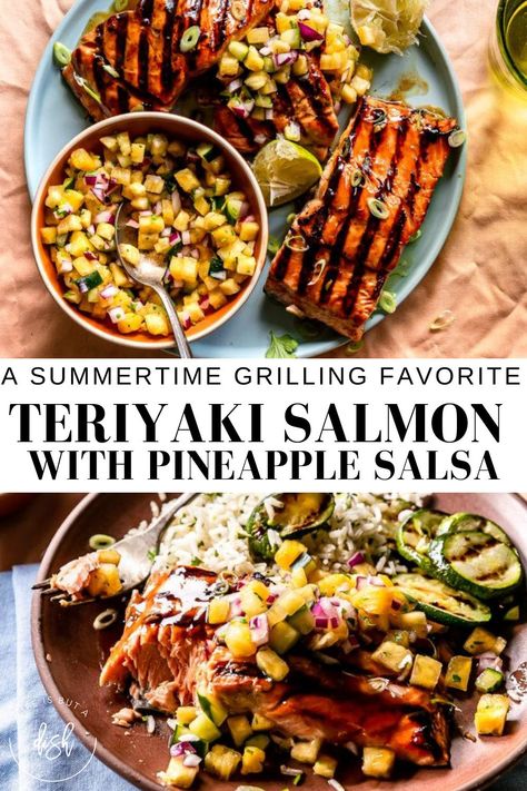 This bright and tropical Teriyaki Salmon with Pineapple Salsa is going to become an instant summertime favorite! It's simple to make and has simple fresh, healthy ingredients it's great for a weeknight dinner for the family. #TeriyakiSalmon #PineappleSalsa #LifeisbutaDish Teriyaki Salmon Side Dishes, Grilled Pineapple Salmon, Tropical Salmon Recipe, Salmon Pineapple Salsa, Pineapple Teriyaki Salmon, Salmon With Salsa Recipes, Pineapple Salsa Salmon, Salmon Pineapple Bowl, Summer Dinner Recipes Salmon