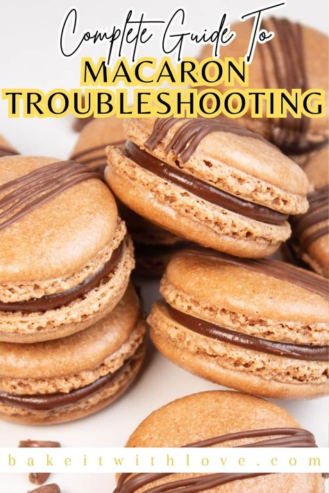 Chocolate macarons with text title overlay for the complete guide to troubleshooting macarons problems. Chocolate Chip Crinkle Cookies, Gluten Free Macarons, Macaron Troubleshooting, Christmas Cookies Sugar, Baking Chart, Cookie Decorating Icing, Cookies To Bake, Chocolate Macarons, Decorating Icing