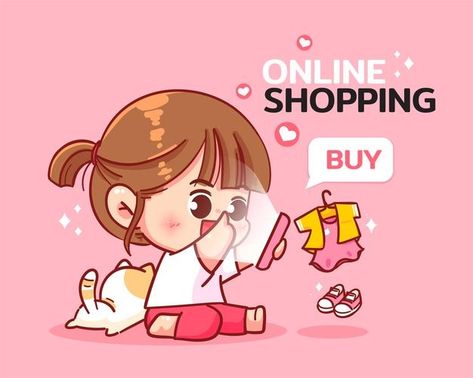 Shopping Online Illustration, Shopping Cartoon, Cartoon Shopping, Cartoon Art Illustration, Phone Cartoon, Bus Cartoon, Logo Online Shop, Shopping Pictures, Stickers Design