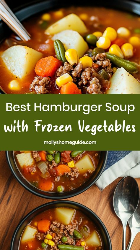 Looking for a cozy and hearty meal idea? Try making hamburger soup with frozen vegetables! This recipe is quick, simple, and perfect for those busy weeknights. Packed with flavors and nutrient-rich veggies, this soup will surely warm you up from the inside out. It's a versatile dish that you can easily customize based on your preferences. Whether you're cooking for picky eaters or trying to sneak in more vegetables into your diet, hamburger soup with frozen vegetables is a delicious choice. Burger Vegetable Soup, Vegetable Beef Soup With Frozen Veggies, Vegetable Soup With Ground Beef Worcestershire Sauce, Frozen Veg Soup, Hamburger Veggie Soup Recipes, Easy Homemade Vegetable Beef Soup, Best Homemade Vegetable Beef Soup, Hamburger Soup With Frozen Vegetables, Hamburger And Mixed Vegetables