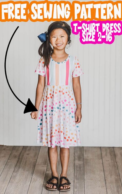 This girls t shirt dress pattern is super cute and works in so many various combinations. The top is knit fabric and the skirt options can be woven or knit fabric. Free Printable shirt dress sewing pattern you have to try.  via @lifesewsavory Jersey Knit Dress Pattern Free, Tshirt Dress Sewing Pattern, T Shirt Dress Pattern Free, Easy Girls Dress Pattern Free, T Shirt Dress Sewing Pattern, Twirl Dress Pattern Free, Girls Knit Dress Pattern Free, 2t Dress Pattern Free, Girls Dress Sewing Patterns Free